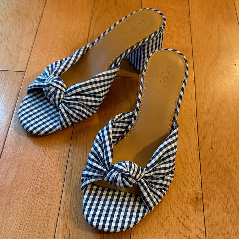 J. Crew Navy Gingham Knotted Mules